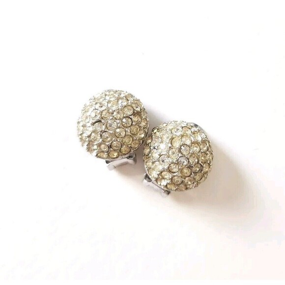 Vintage BELLINI Crystal Rhinestone Clip-On Ball Round Button Earrings Silver EUC - Picture 1 of 6